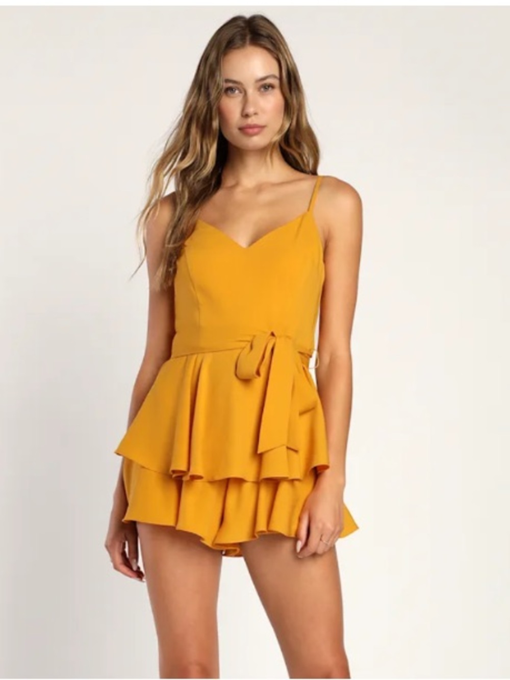NWT Lulus Crepe Sweetheart V-Neck Ruffle Pleated Romper Golden Yellow Medium